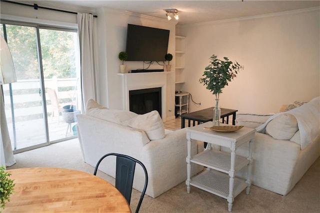 living room featuring light colored carpet and ornamental molding