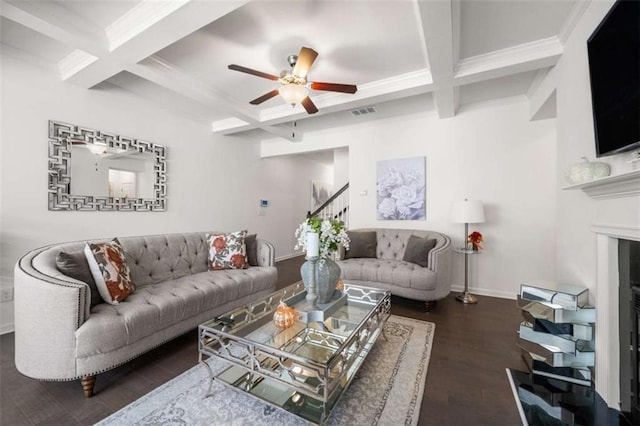 living room featuring beamed ceiling, dark hardwood / wood-style flooring, and coffered ceiling