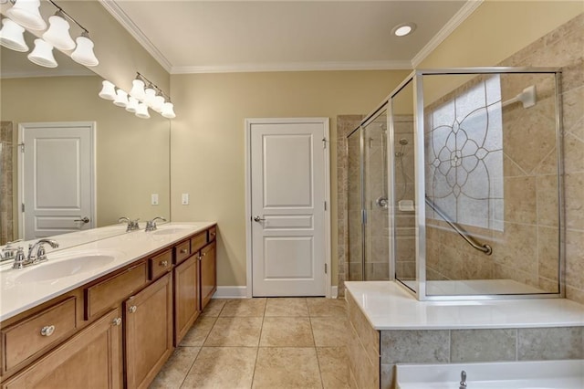 full bath with tile patterned flooring, a sink, ornamental molding, and a tile shower