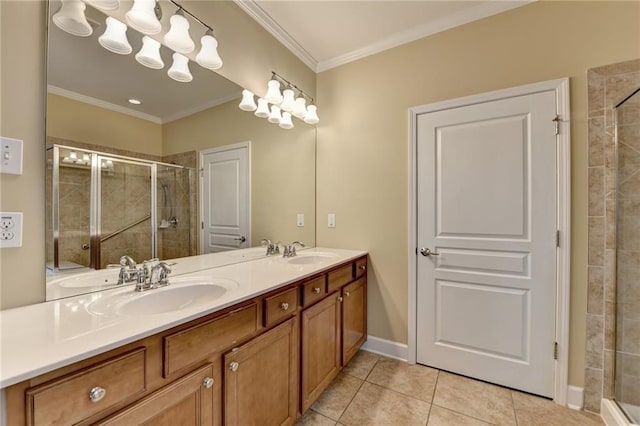 full bath with a stall shower, tile patterned floors, ornamental molding, and a sink