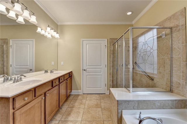 full bathroom featuring tile patterned flooring, a sink, crown molding, and a tile shower