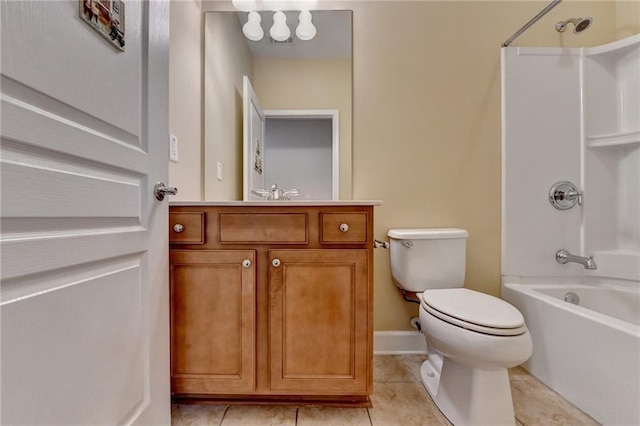 bathroom with toilet, vanity, shower / tub combination, tile patterned flooring, and baseboards
