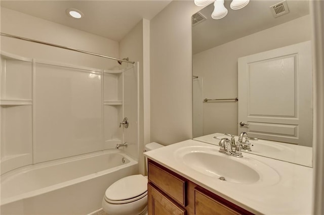 full bathroom with toilet, vanity, shower / bathtub combination, and visible vents