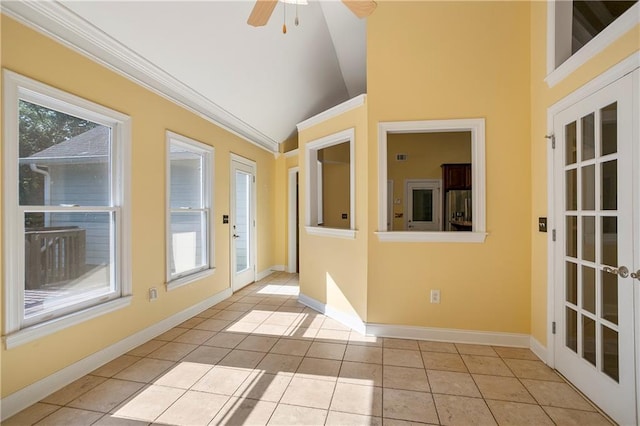 unfurnished sunroom with lofted ceiling and ceiling fan