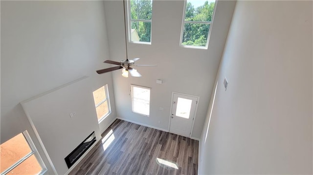 interior space featuring a ceiling fan, a healthy amount of sunlight, a high ceiling, and wood finished floors