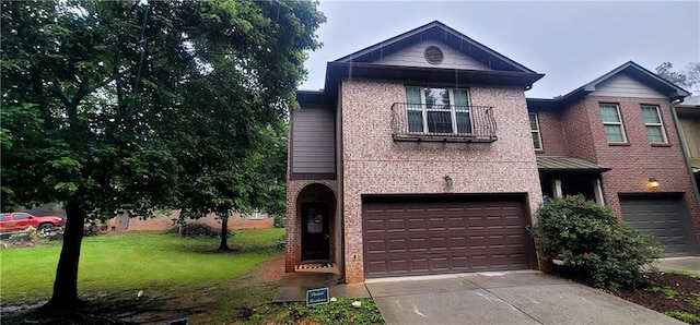 5719 Singlebriar Ct, Norcross, GA 30093 - view of front facade featuring brick siding, driveway, an attached garage, a front lawn, and a balcony