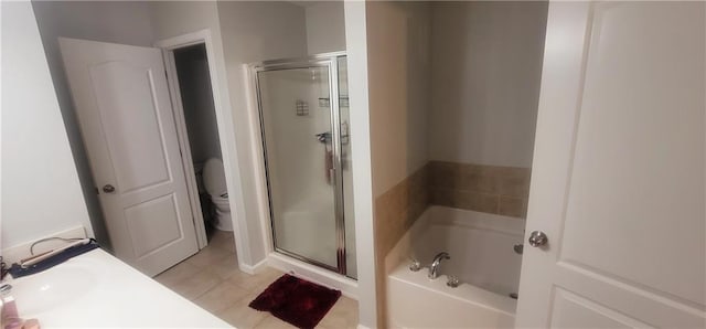 5719 Singlebriar Ct, Norcross, GA 30093 - full bathroom with a shower stall, a garden tub, tile patterned flooring, toilet, and vanity
