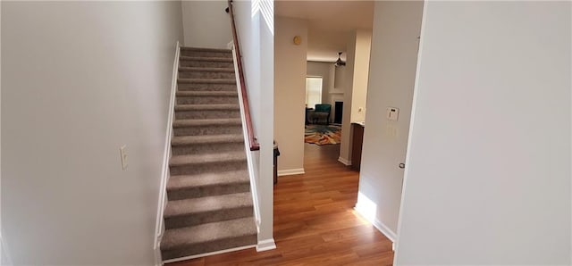 5719 Singlebriar Ct, Norcross, GA 30093 - staircase featuring wood finished floors, baseboards, and a fireplace