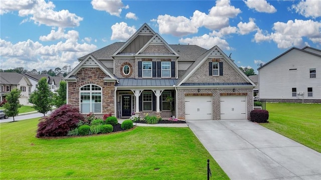 7470 Oldbury Pl, Cumming, GA 30040 - craftsman inspired home with concrete driveway, a front yard, a standing seam roof, and brick siding