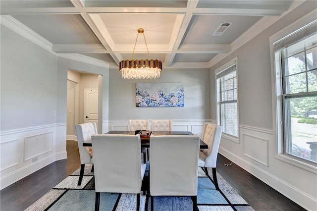7470 Oldbury Pl, Cumming, GA 30040 - dining space with dark wood finished floors, a chandelier, beamed ceiling, coffered ceiling, and a wainscoted wall