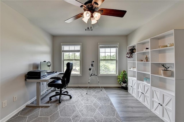 7470 Oldbury Pl, Cumming, GA 30040 - office featuring a ceiling fan, baseboards, and wood finished floors
