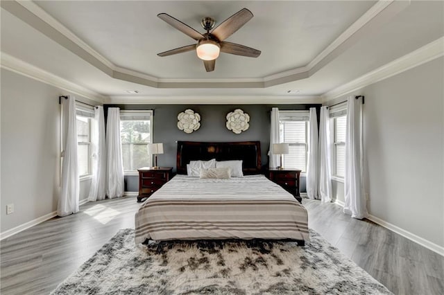 7470 Oldbury Pl, Cumming, GA 30040 - bedroom featuring a tray ceiling, multiple windows, crown molding, and baseboards