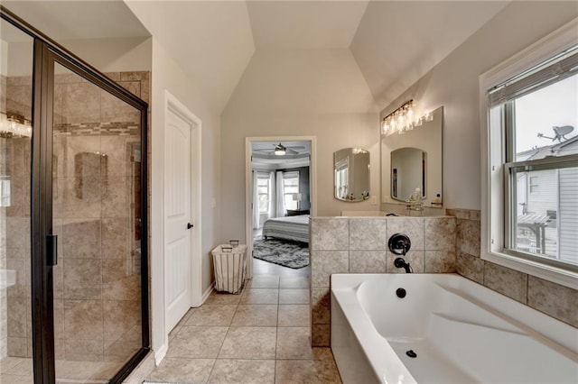 7470 Oldbury Pl, Cumming, GA 30040 - bathroom with a shower stall, a bath, tile patterned floors, connected bathroom, and lofted ceiling