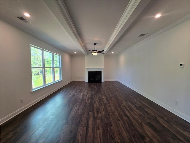 3677 Thornhill Ct, Douglasville, GA 30135 - unfurnished living room with dark wood finished floors, a fireplace, ceiling fan, baseboards, and crown molding