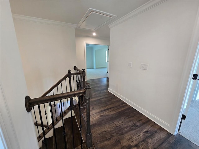 3677 Thornhill Ct, Douglasville, GA 30135 - hall with attic access, crown molding, baseboards, dark wood-style flooring, and an upstairs landing