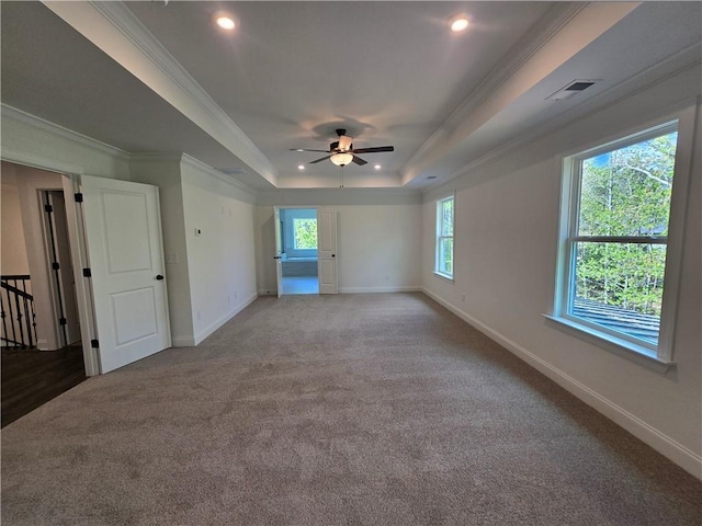 3677 Thornhill Ct, Douglasville, GA 30135 - spare room featuring carpet flooring, baseboards, a ceiling fan, a tray ceiling, and ornamental molding
