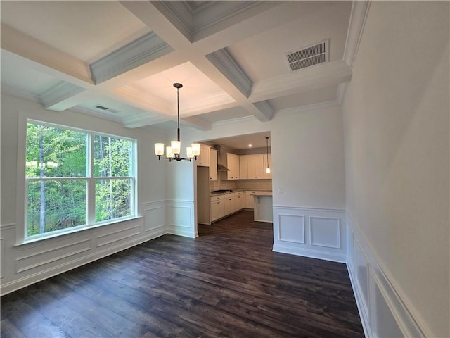3677 Thornhill Ct, Douglasville, GA 30135 - unfurnished dining area featuring coffered ceiling, a decorative wall, a chandelier, healthy amount of natural light, and dark wood-type flooring