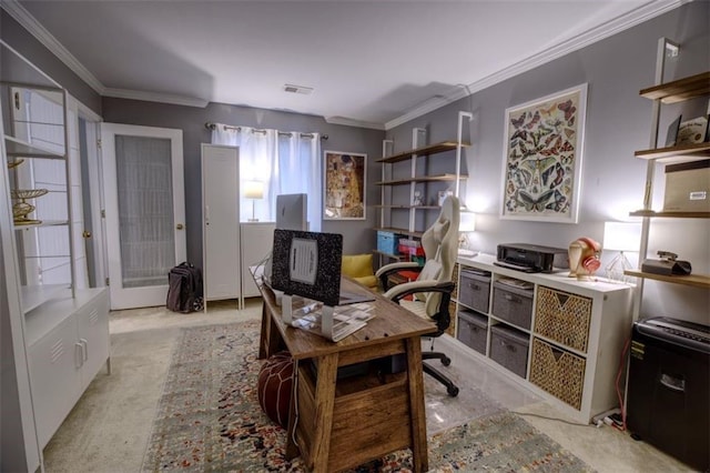 home office featuring ornamental molding and light colored carpet