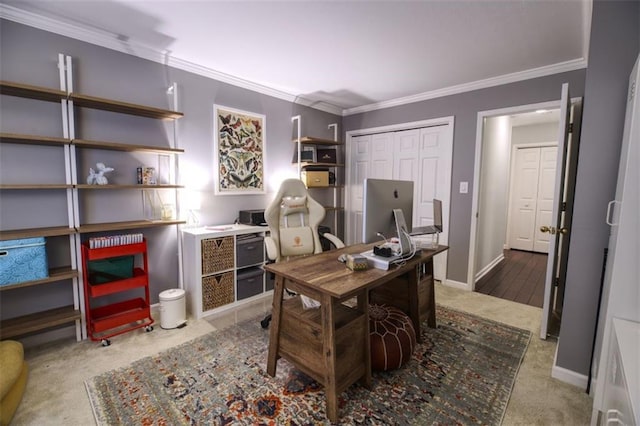 home office with crown molding