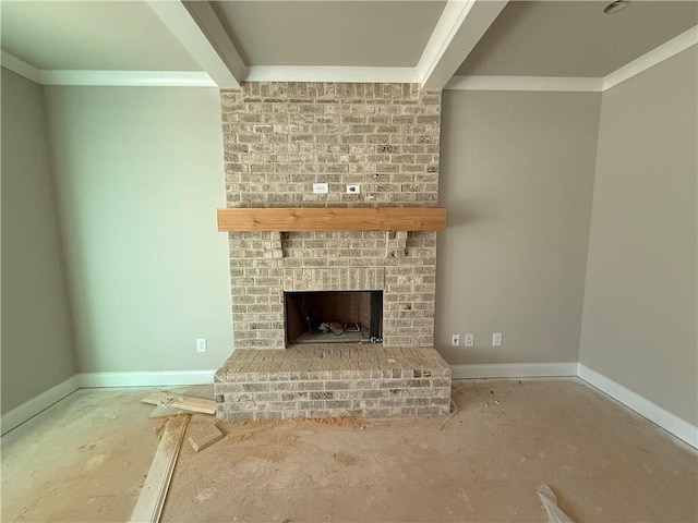 unfurnished living room featuring baseboards, a brick fireplace, and crown molding