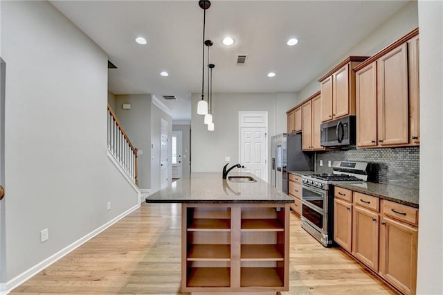 kitchen featuring visible vents, open shelves, a sink, decorative backsplash, and stainless steel appliances