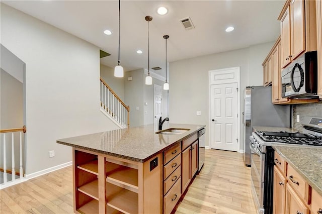 kitchen with visible vents, light wood finished floors, open shelves, a sink, and stainless steel appliances