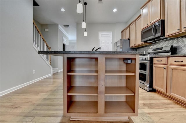 kitchen with double oven range, open shelves, decorative backsplash, black microwave, and light wood-type flooring