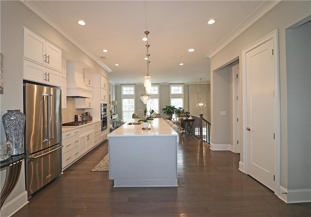 kitchen with hanging light fixtures, stainless steel appliances, custom exhaust hood, dark hardwood / wood-style floors, and white cabinets