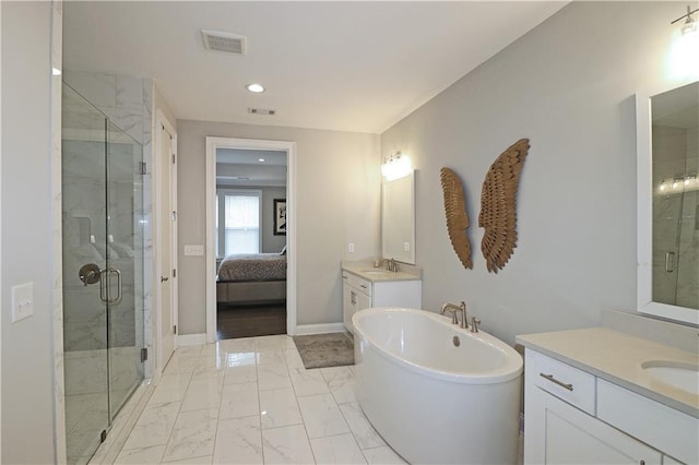 bathroom featuring tile flooring, dual vanity, and independent shower and bath