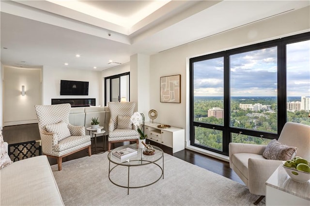 living room featuring plenty of natural light and dark wood-type flooring