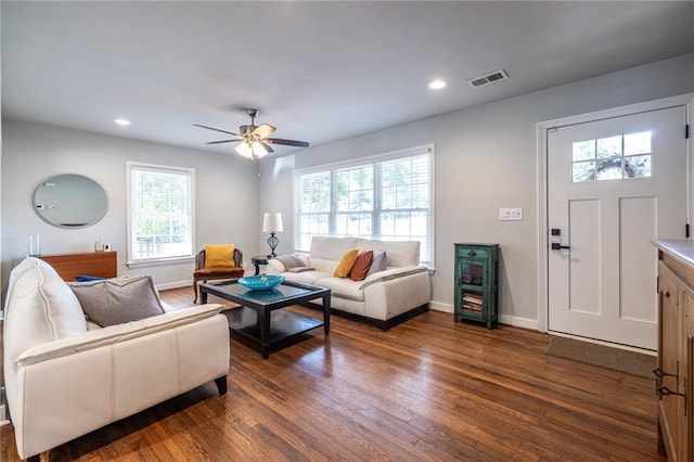 2010 2nd Ave, Decatur, GA 30032 - living room featuring dark wood-style flooring, a ceiling fan, and recessed lighting