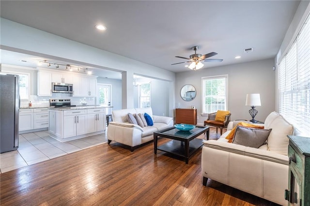2010 2nd Ave, Decatur, GA 30032 - living room featuring light wood finished floors, ceiling fan, rail lighting, and recessed lighting