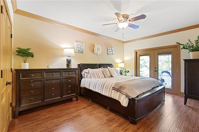 bedroom with ceiling fan, access to exterior, crown molding, hardwood / wood-style flooring, and french doors