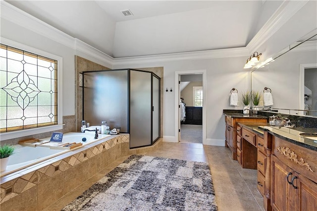 bathroom with independent shower and bath, ornamental molding, tile patterned floors, and vanity