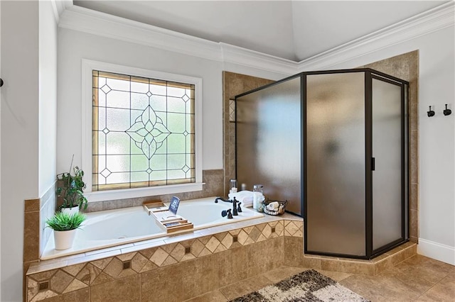 bathroom featuring crown molding and independent shower and bath