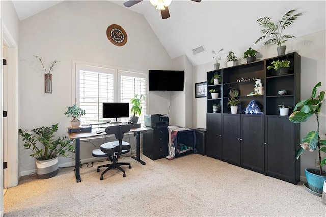 carpeted office with ceiling fan and lofted ceiling