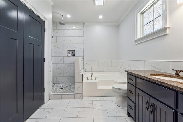 full bath featuring a tile shower, ornamental molding, marble finish floor, and a garden tub