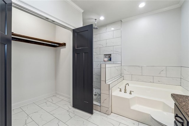 bathroom featuring tiled shower, ornamental molding, a bath, and marble finish floor