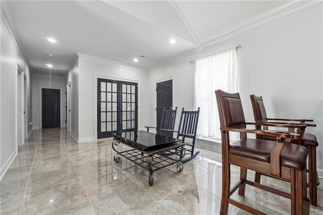 dining area with french doors, attic access, baseboards, ornamental molding, and recessed lighting