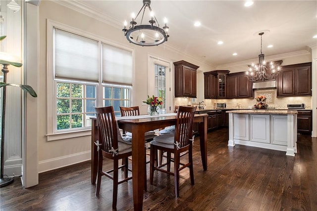 3015 Southmoor Trce, Roswell, GA 30075 - dining area with a chandelier, dark wood-type flooring, crown molding, and recessed lighting