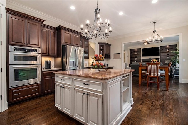 3015 Southmoor Trce, Roswell, GA 30075 - kitchen featuring a chandelier, stainless steel appliances, open shelves, dark brown cabinetry, and a center island