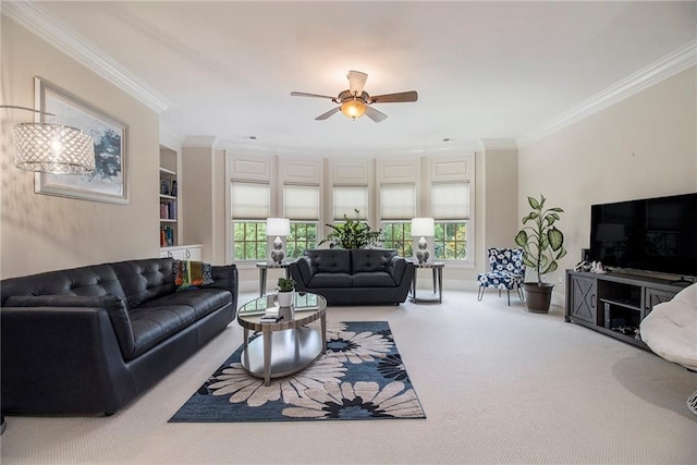 3015 Southmoor Trce, Roswell, GA 30075 - carpeted living area featuring ornamental molding and a ceiling fan