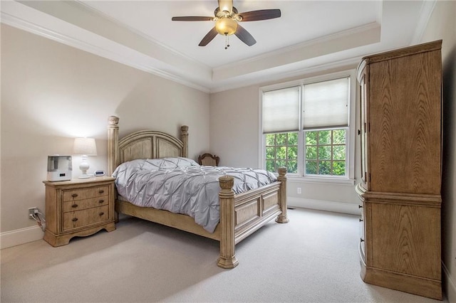 3015 Southmoor Trce, Roswell, GA 30075 - bedroom with a tray ceiling, light colored carpet, ornamental molding, and a ceiling fan