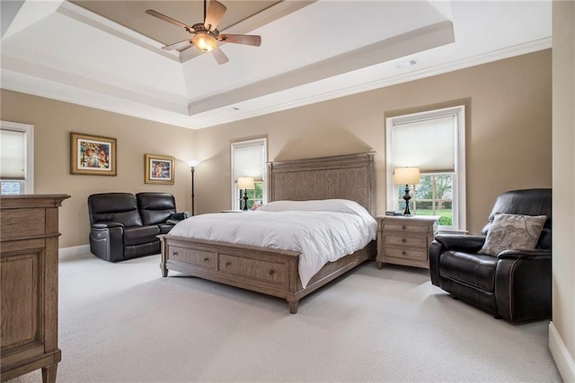 3015 Southmoor Trce, Roswell, GA 30075 - bedroom featuring a tray ceiling, light colored carpet, crown molding, and ceiling fan