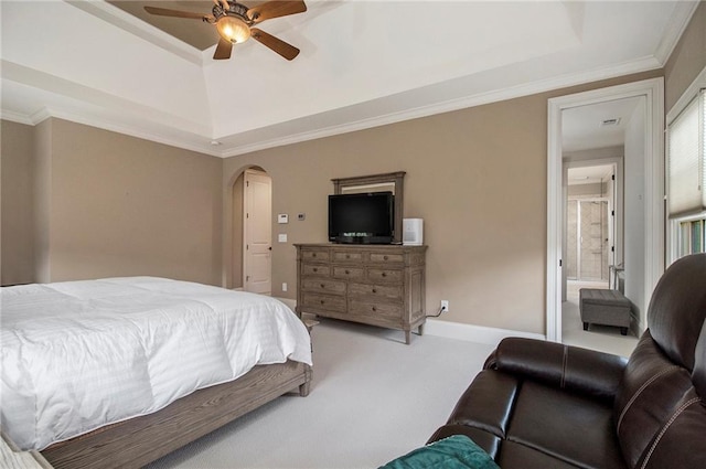 3015 Southmoor Trce, Roswell, GA 30075 - carpeted bedroom with a tray ceiling, arched walkways, crown molding, and a ceiling fan
