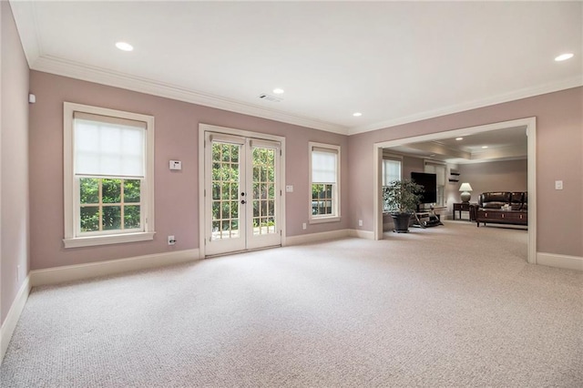 3015 Southmoor Trce, Roswell, GA 30075 - unfurnished living room with carpet floors, ornamental molding, recessed lighting, and french doors