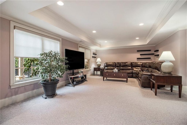 3015 Southmoor Trce, Roswell, GA 30075 - carpeted living room featuring a tray ceiling, ornamental molding, and recessed lighting