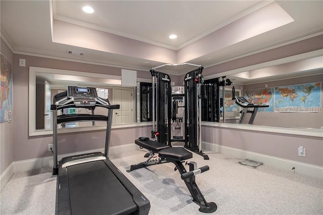 3015 Southmoor Trce, Roswell, GA 30075 - exercise room featuring a tray ceiling, ornamental molding, carpet flooring, and recessed lighting