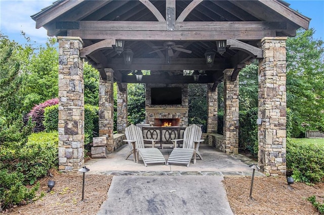 3015 Southmoor Trce, Roswell, GA 30075 - view of patio with an outdoor stone fireplace, a gazebo, and ceiling fan