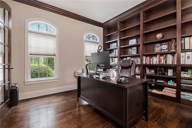 3015 Southmoor Trce, Roswell, GA 30075 - office featuring ornamental molding, dark wood-type flooring, and built in shelves